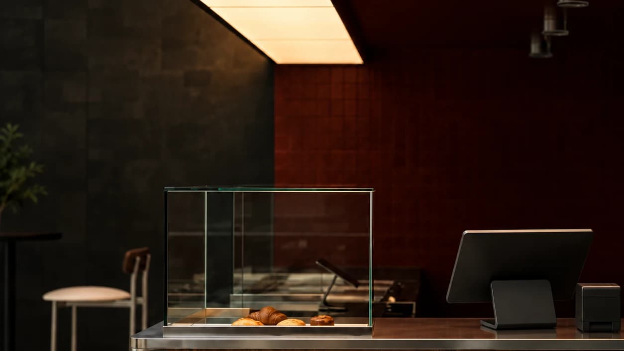 Kafe tezgâhında Mahalle POS adisyon sistemi: tablet POS, fiş yazıcısı ve pasta vitrini