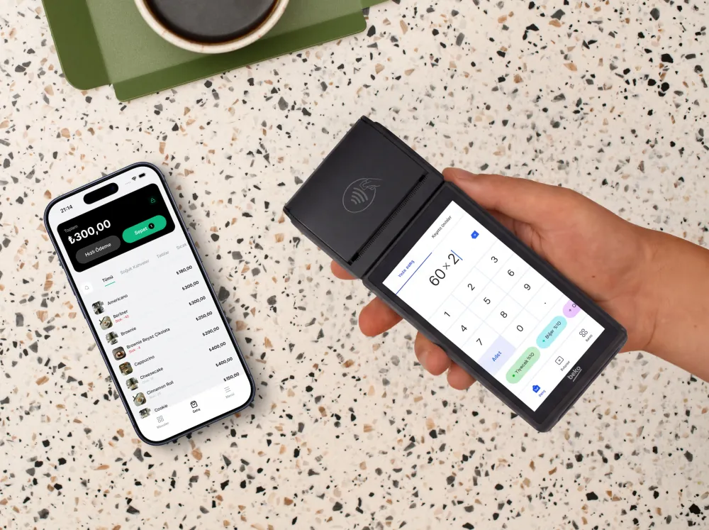 Beko fiscal POS device integrated with Mahalle POS and the sales screen on a phone