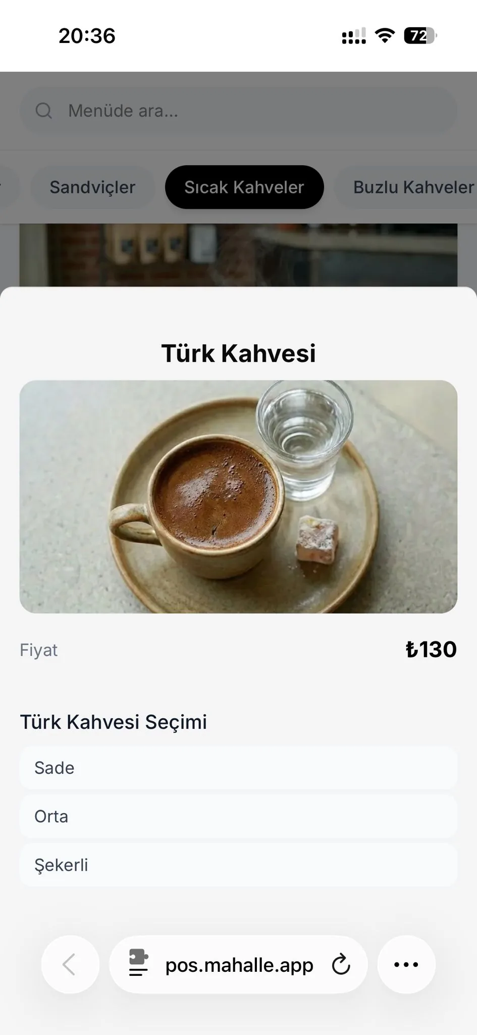 Mahalle POS QR menü — ürün detayı