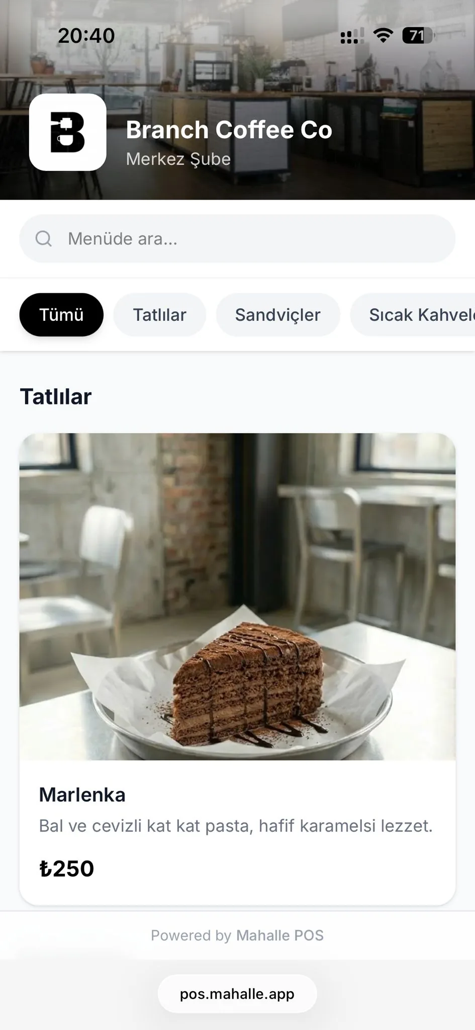Mahalle POS QR menü — kategoriler ve ürün listesi